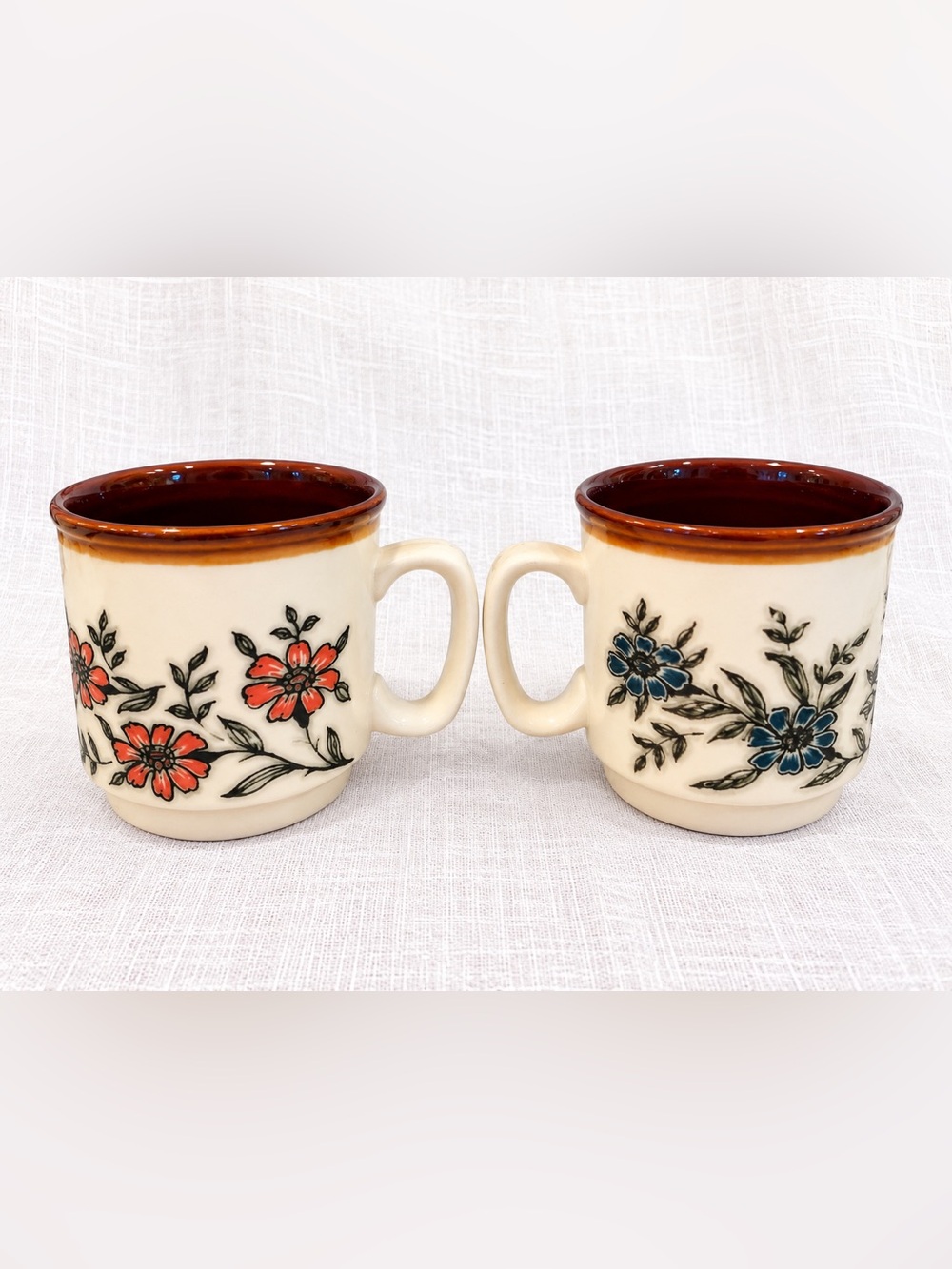 Vintage Biltons England Floral Stoneware Mugs Set of 2 Brown Rim Retro 70s